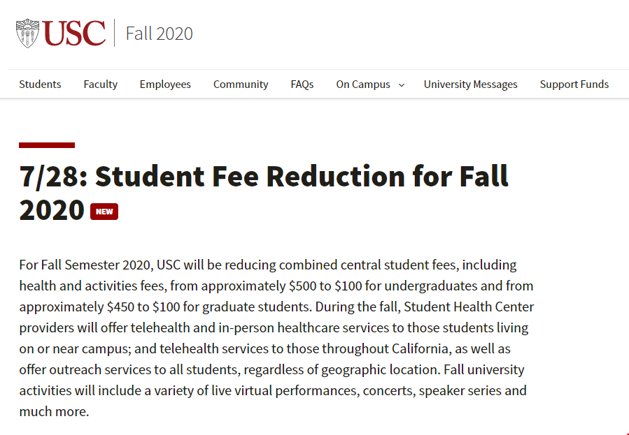 南加州大學宣布2020年秋季學生費用減免！