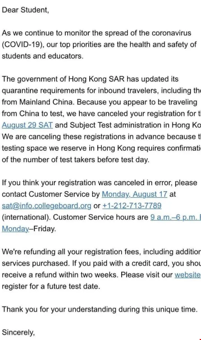 CB正式通知：取消8月香港sat考試！